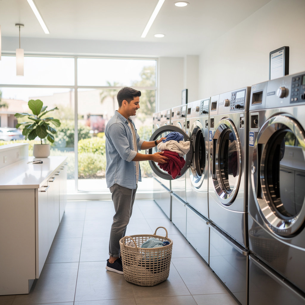 The Mesa Laundromat self-service laundry area with modern, clean washing machines in Santa Barbara