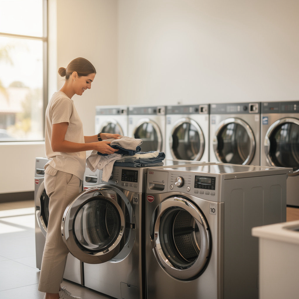 The Mesa Laundromat interior with clean, modern washing machines and a friendly, eco-conscious atmosphere